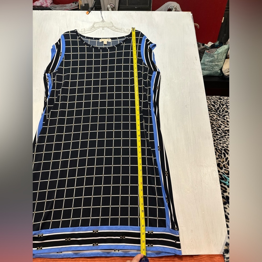 Michael Michael Kors Dress 2X Navy Chain Grid Print Shift Midi NWT - Picture 6 of 11